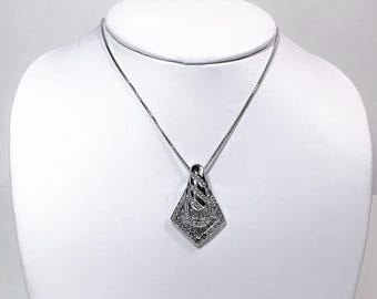 Sterling Silver Glamorous Slide 1 1/4" Long, 20" Box Chain, Studded with Round Brilliant Cubic Zirconia, Fine Details, Free US Shipping
