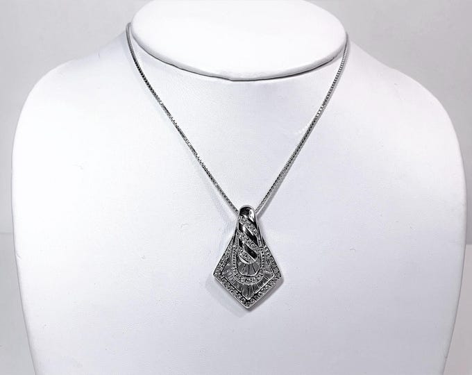 Sterling Silver Glamorous Slide 1 1/4" Long, 20" Box Chain, Studded with Round Brilliant Cubic Zirconia, Fine Details, Free US Shipping