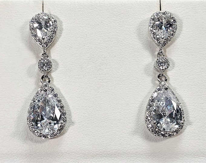 Sterling Silver Luxurious Dangle Earrings, Round & Pear Shape Cubic Zirconia, 35mm - 1 3/8" Long, Posts . 7.25 Grams. Free US Shipping. Nice