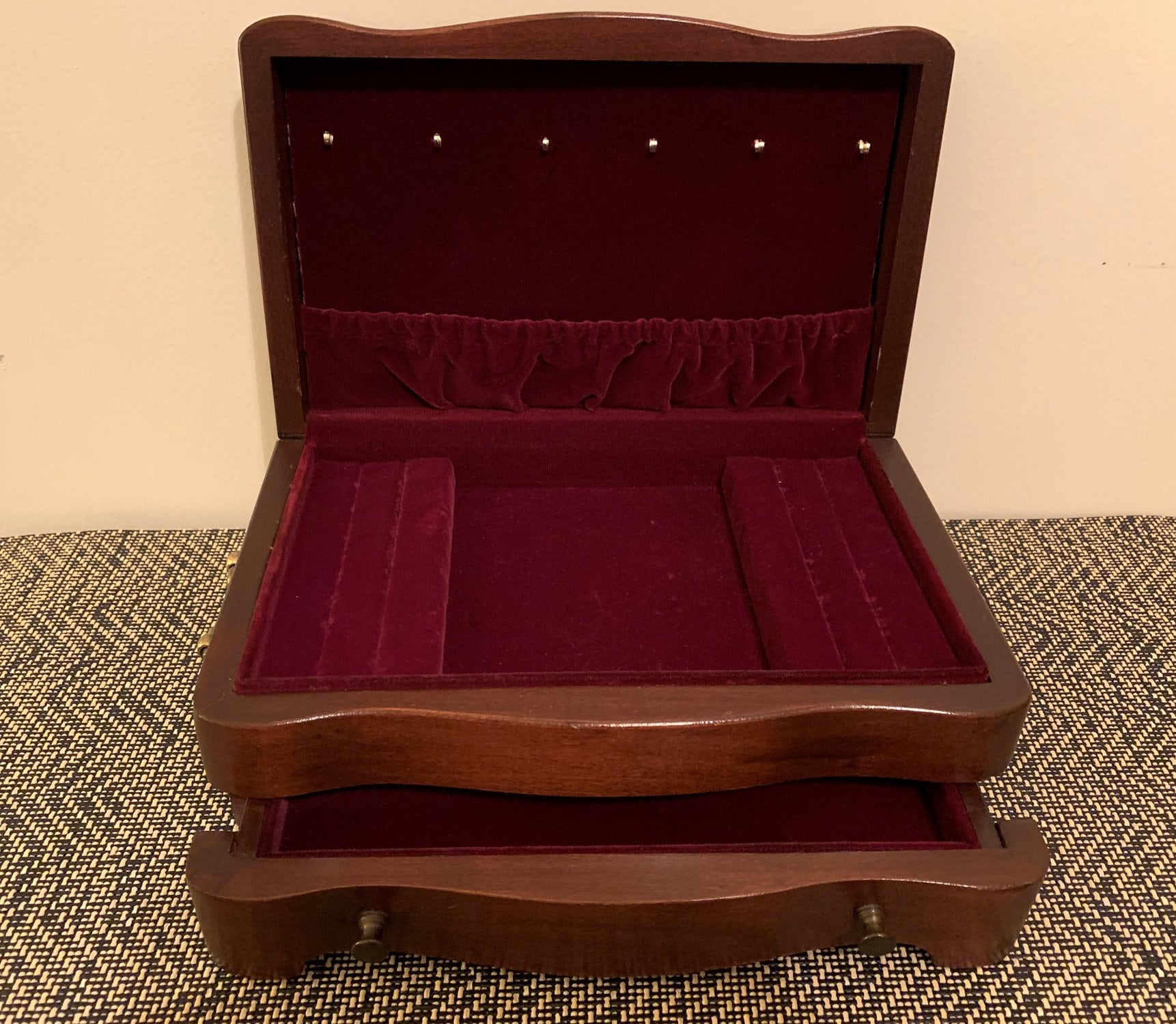 Vintage Solid Wood Jewelry Box,Hand Crafted, Padded Compartments, Padded Divided Wide Drawer, 11