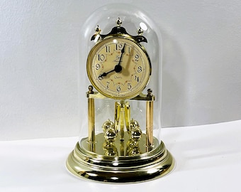 Elgin™ American Anniversary Clock, Glass Dome, Rotating Pendulum, Triple Finial Crown, Made in USA, 9" T. 6" W, Serviced, Free US Shipping