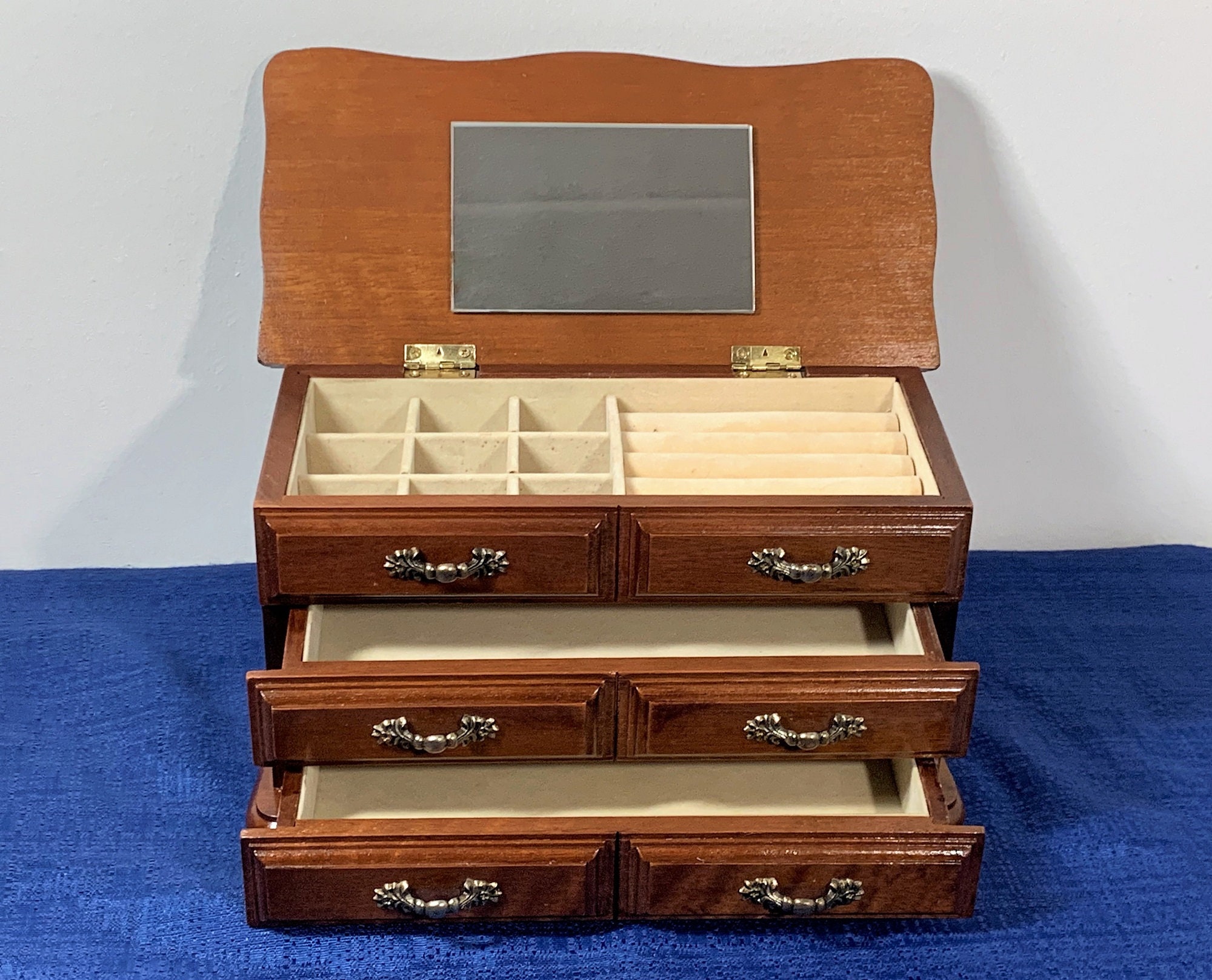 Vintage Solid Wood Jewelry & Watches Chest, Hinged Top W