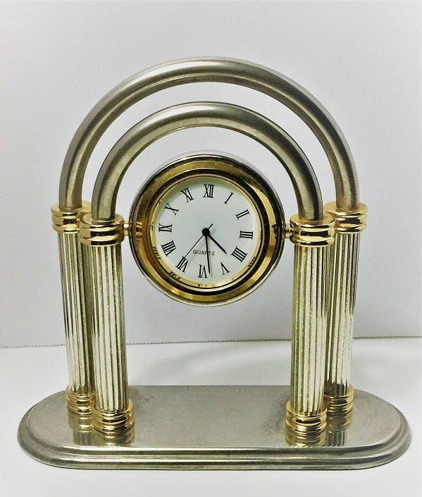 Vintage Very Unique Deco CounterTop Clock, Titanium and Gold Finish, 1