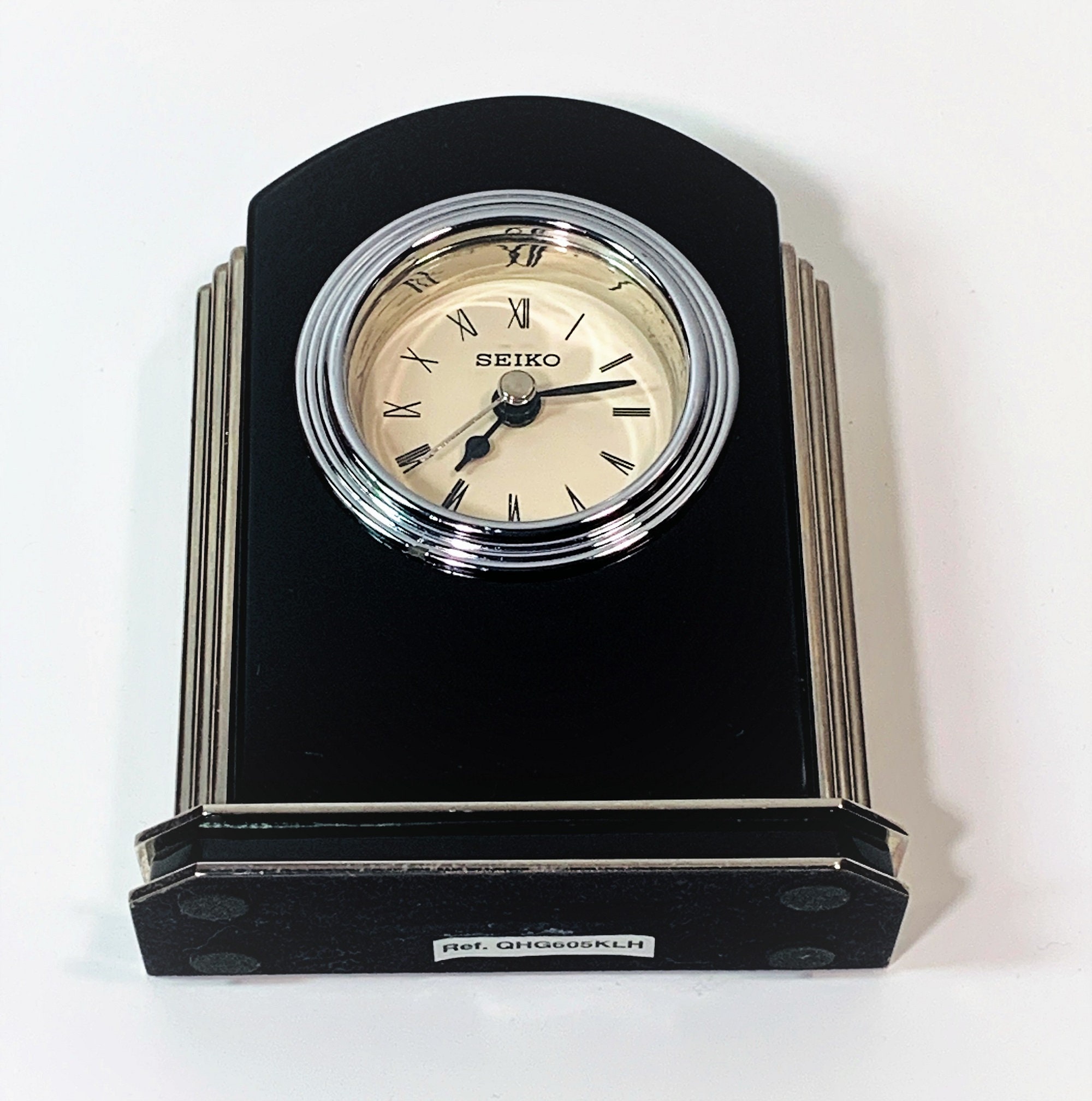 Vintage Seiko Quartz Mantel Clock, Black Gloss & Chrome. Works
