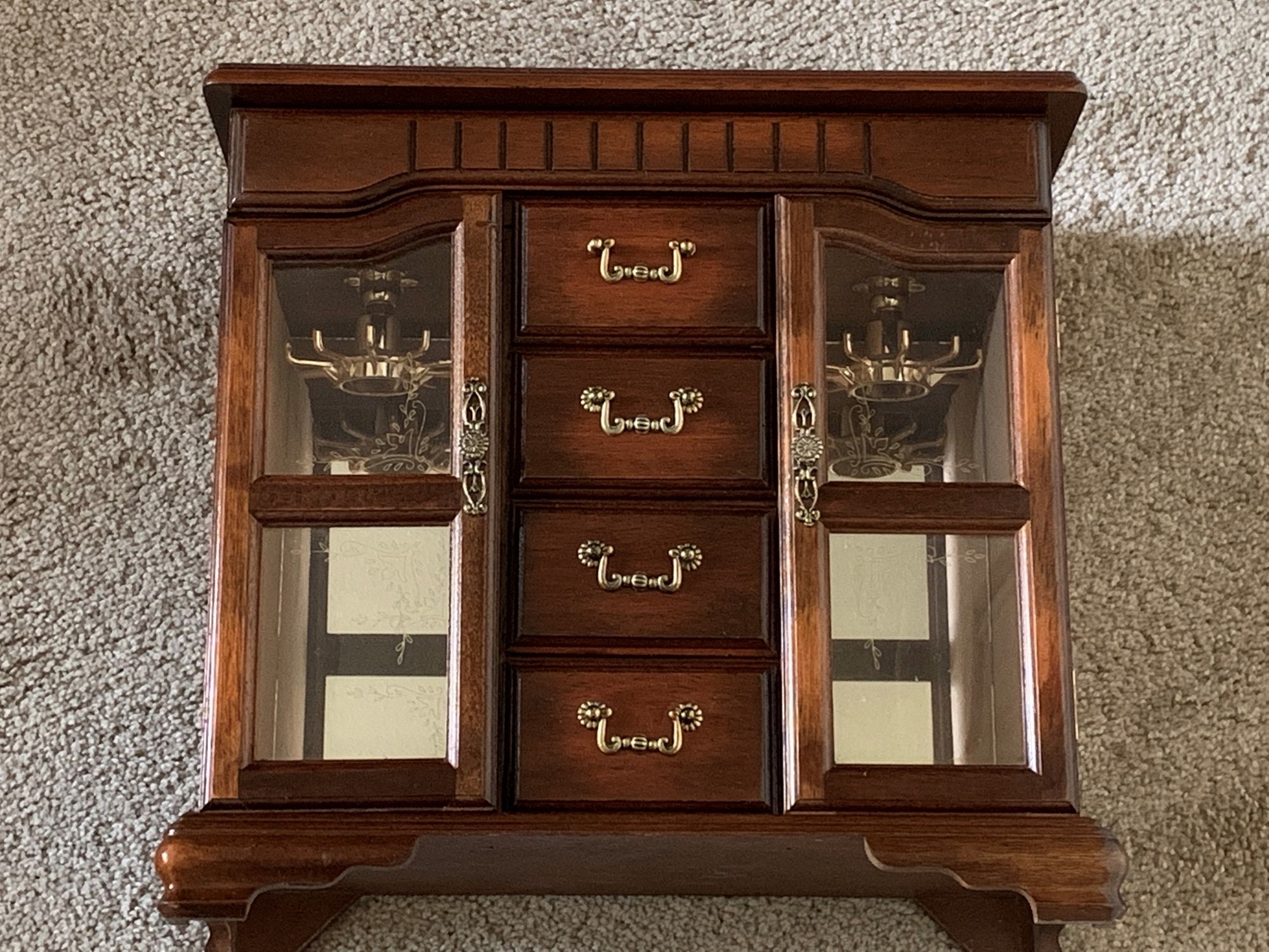 Vintage Solid Wood Musical Jewelry Armoire, Hinged Lid with Mirror, 2