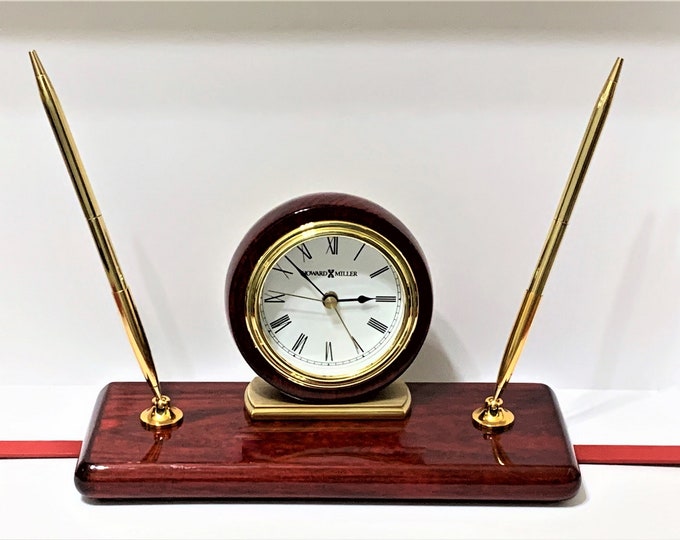 Vintage Howard Miller Rosewood Desk Alarm Clock 613-588, Solid Brass, 2 Pens, Precision Quartz, 9" W. 4.5" H, Mint in Box, Free US Shipping