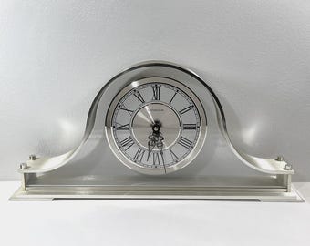 Vintage Large Commodore™ Napoleon Style Clock, Brushed Aluminum, Floating 6" Dial, 18" W. 8.5" T. Serviced & Works Perfect. Free US Shipping