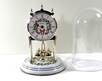 Rare Howard Miller™ Germany First Christmas Edition Anniversary Clock, White Enamel & Gold Base, Glass Dome,  Serviced, Free US Shipping.