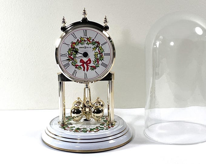 Rare Howard Miller™ Germany First Christmas Edition Anniversary Clock, White Enamel & Gold Base, Glass Dome,  Serviced, Free US Shipping.