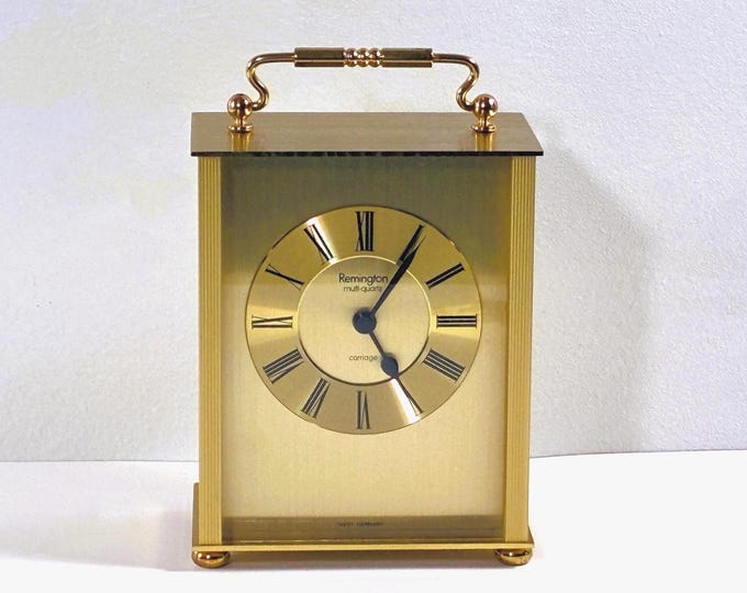 Vintage Remington Multi-Quartz Carriage All Brass West Germany Carriage Clock. Serviced, 7" T. 4.25" W. Back Door. Free US Shipping