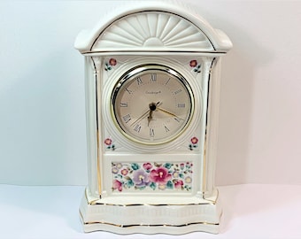 Vintage Godinger© Handcrafted Large Porcelain Clock, Embossed Patterns, Flowers on Front & Back, 9.75" T. 6.5" W. 4" L. Free US Shipping.