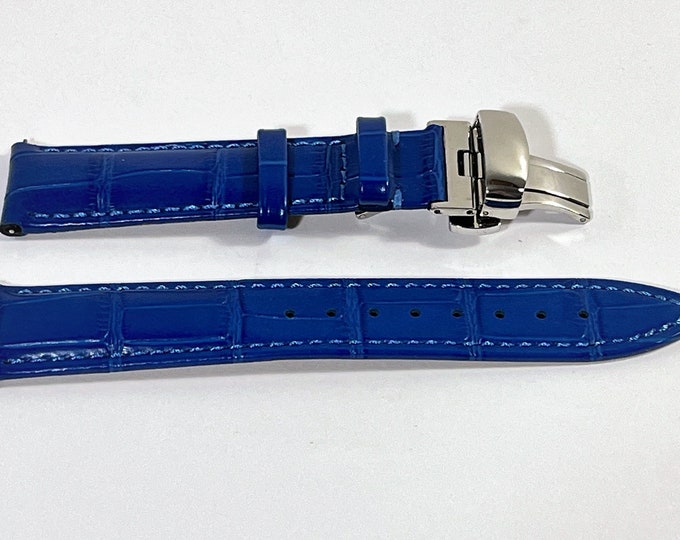 Genuine Leather Croco Grain 20mm Lugs Watch Band, Padded Stitched Heavy Duty, Indigo Blue, Stainless Steel Secure Clasp. New Old Stock.