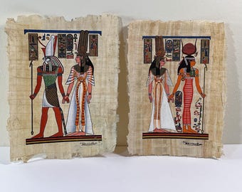 Two Vintage Hand Painted Egyptian Papyrus, Scenes From Queen Nefertari's Tomb, 9 x 7 inch, Authentic Egyptian. Signed, Free US Shipping.