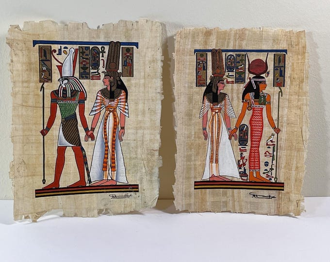 Two Vintage Hand Painted Egyptian Papyrus, Scenes From Queen Nefertari's Tomb, 9 x 7 inch, Authentic Egyptian. Signed, Free US Shipping.