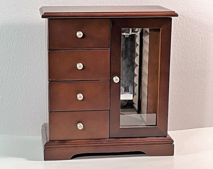 Vintage Solid Wood Jewelry Armoire, Hinged Double Door W/ Rings Tray, Mirror, Hangers. 4 Padded Drawers, 10" H. 9" W. Free US Shipping.