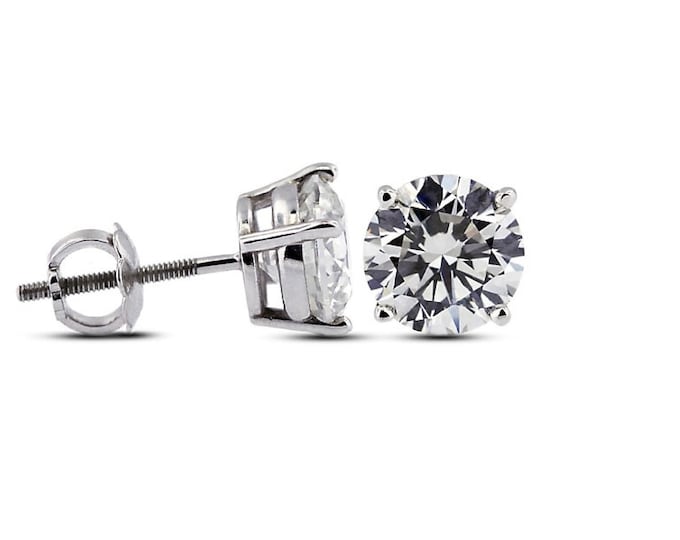 Diamond Studs, High Grade Round Brilliant VS-F, 14K White Gold with Heavy Screw Backs (For Pierced Ears), .50 Carat. 4 mm.