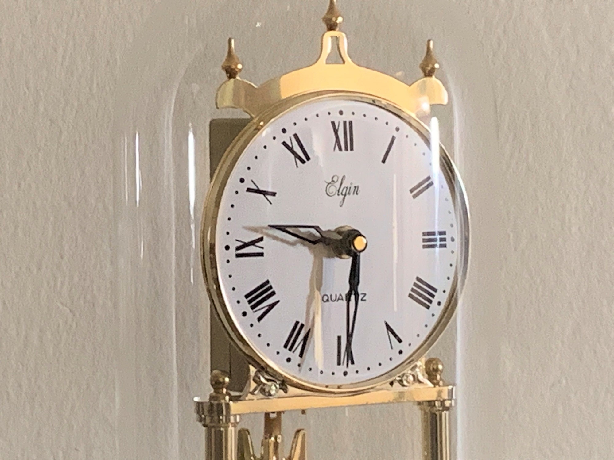 Vintage Elgin Quartz Japan Anniversary Clock, Glass Dome, Gold Finish