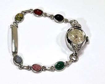 Vintage 1950's Timex® Wind-Up ladies Watch, Rhodium Bezel, 2 Diamonds, Kestenmade™ 10K GF Gemstone Scarab Band , Serviced, Free US Shipping.