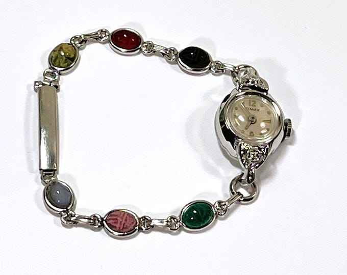 Vintage 1950's Timex® Wind-Up ladies Watch, Rhodium Bezel, 2 Diamonds, Kestenmade™ 10K GF Gemstone Scarab Band , Serviced, Free US Shipping.