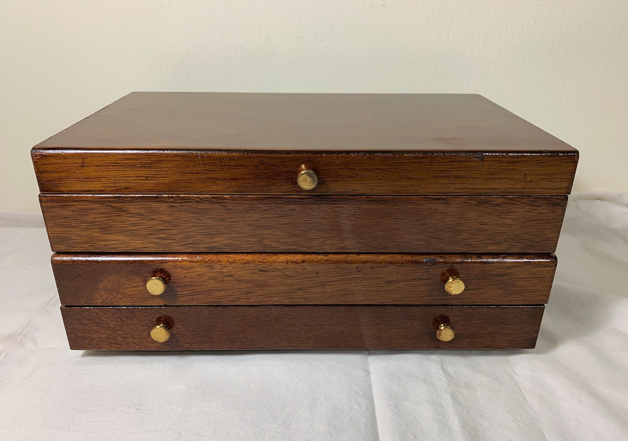 Vintage Varnished Wood Large Jewelry Box, Hinged Lid with Mirror