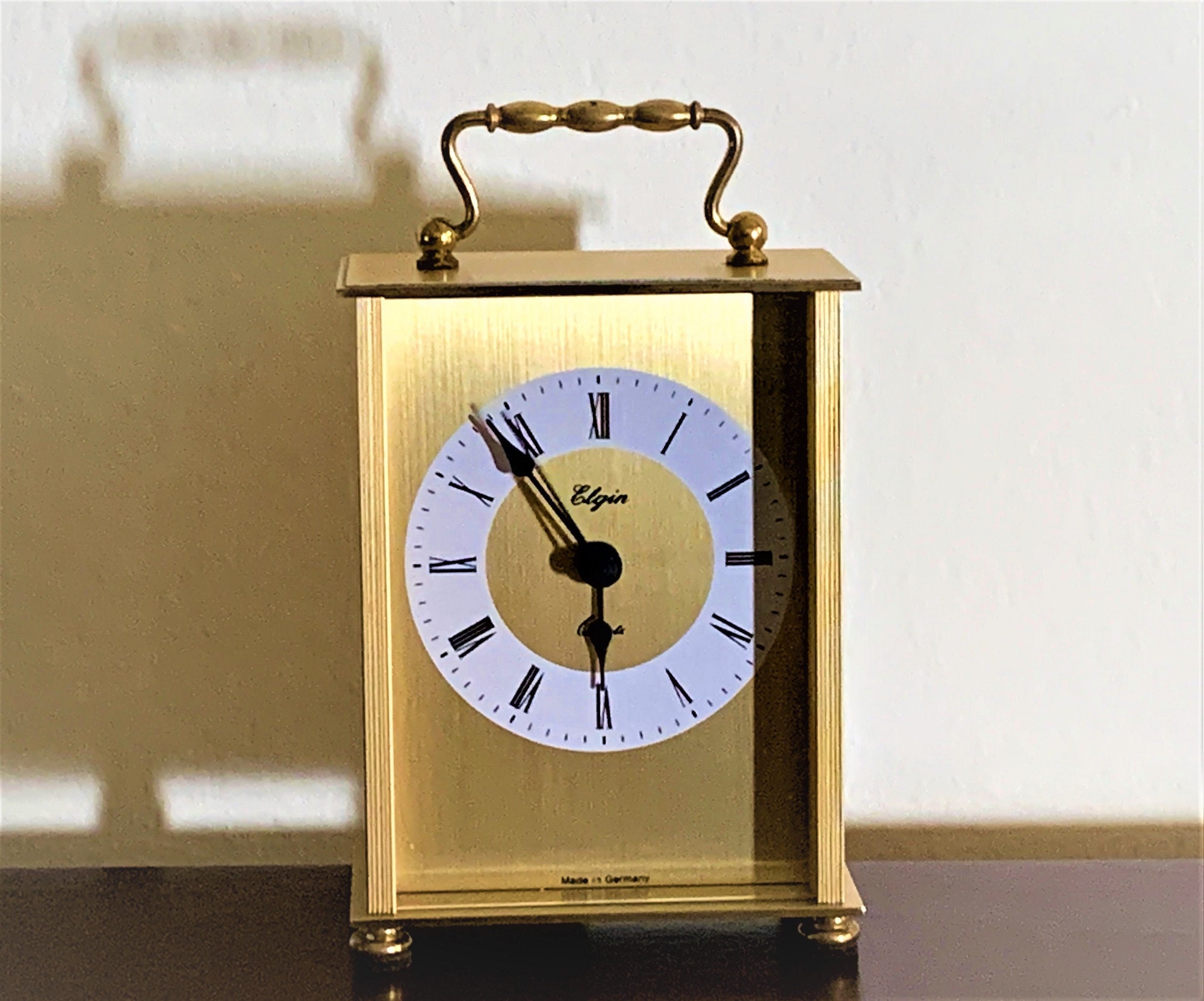 Elgin Germany Brass Carriage Mantle Clock, Brushed and High Polished