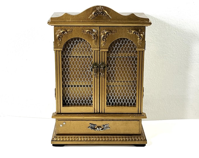 Vintage/Antique Carved Wood Musical Jewelry Armoire, Japan. Tune: "When Irish Eyes Are Smiling", 11" T. 8" W. Restored. Free US Shipping.