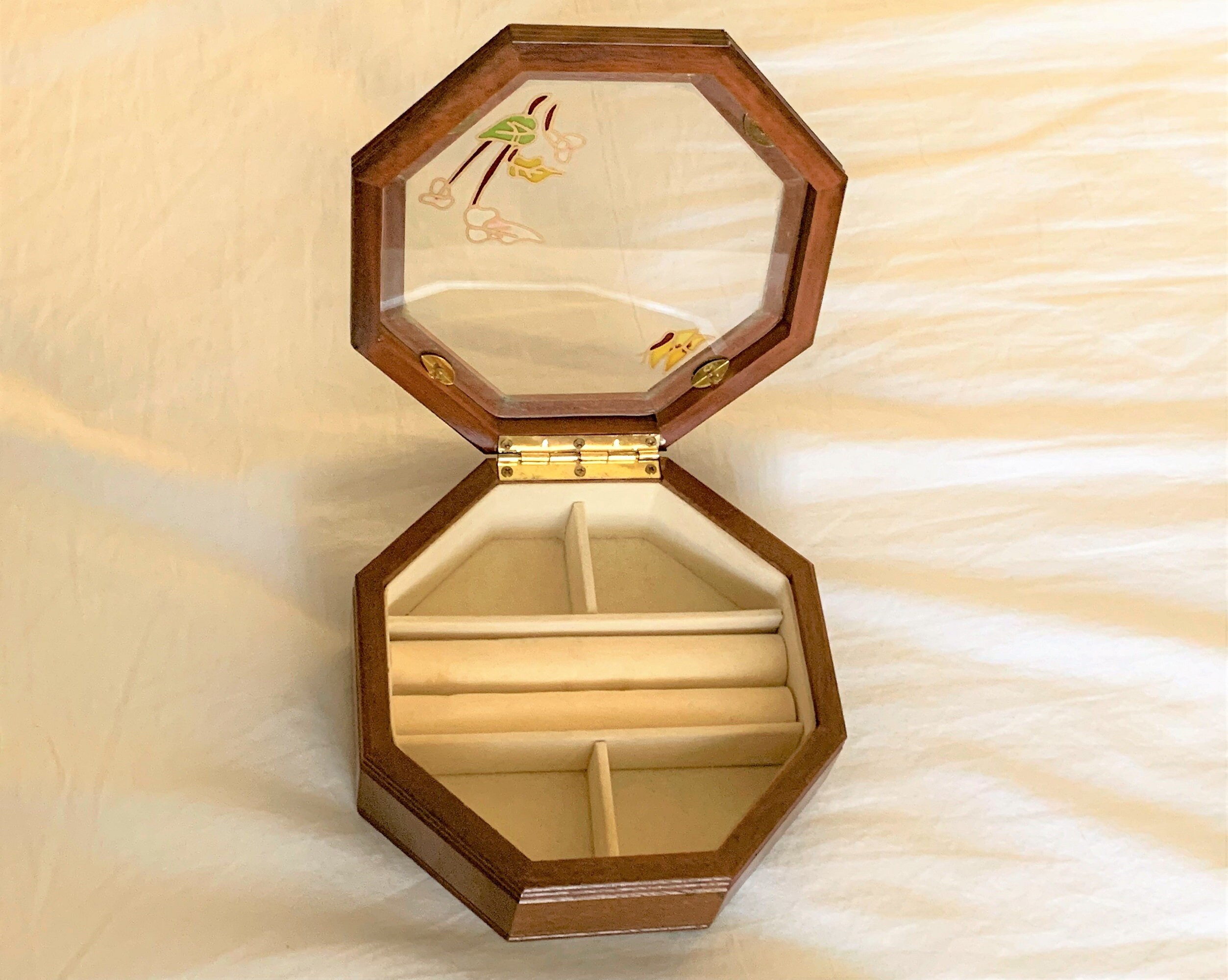 Vintage Solid Wood Jewelry Box, Octagon Shape, Stained Glass Top