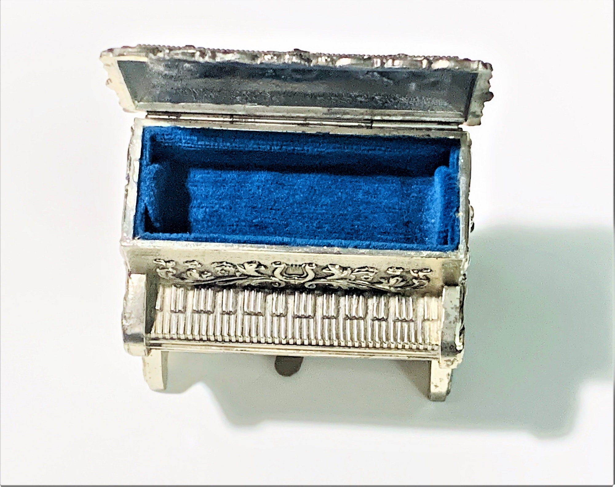 Antique Silver Clad Sankyo Music Jewelry Box, Piano Shape, 3D Patterns
