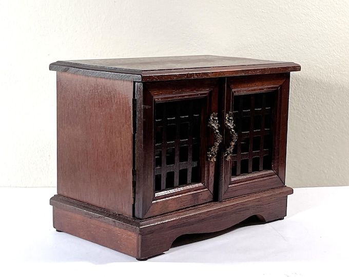 Antique Musical Jewelry Chest, Japan. "Waltz Of The Flowers" 2 Drawers, Carved Wood Screen Doors, 8.5" W. 6.5" T. Restored. Free US Shipping