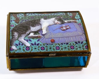 Vintage Enesco® Sankyo Japan Music Box, Glass & Brass, Lounging Cat Art. Plays "All I Ask Of You" 5.25" W. 4.25" L. Mexico, Free US Shipping