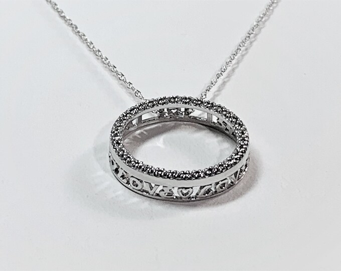 10K White Gold & Diamond Love Circle Pendant Necklace, 3/4" - 38 Diamonds T.W .20 Carat. 20" Double Link Fine Chain. Nice. Free US Shipping