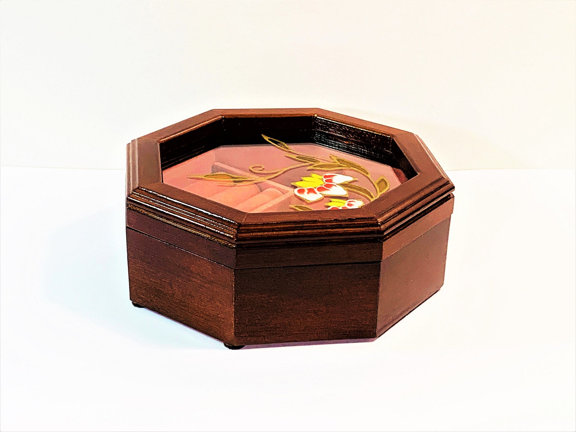 Vintage Mahogany Solid Wood Jewelry Box, Floral Stained Glass Window