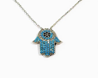 Vintage Sterling Silver Platinum, Blue Sapphire & Faceted CZ Hamsa Necklace, Signed N 925 TK, 18X15mm. 17" Chain, Free US Shipping. Nice.