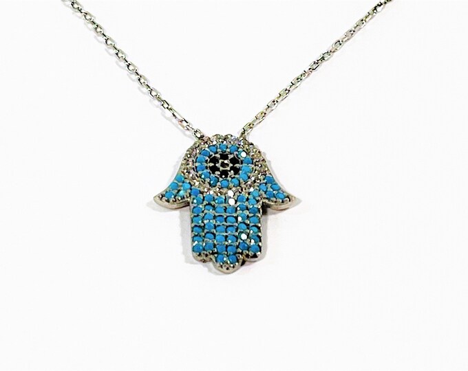 Vintage Sterling Silver Platinum, Blue Sapphire & Faceted CZ Hamsa Necklace, Signed N 925 TK, 18X15mm. 17" Chain, Free US Shipping. Nice.
