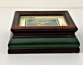 P. Graham Dunn Wood Sankyo Music Box Plays "Thank You", Glass Window with Floral Scene, Signed, 5 1/4" X 4 1/4". Made In USA. Free Shipping