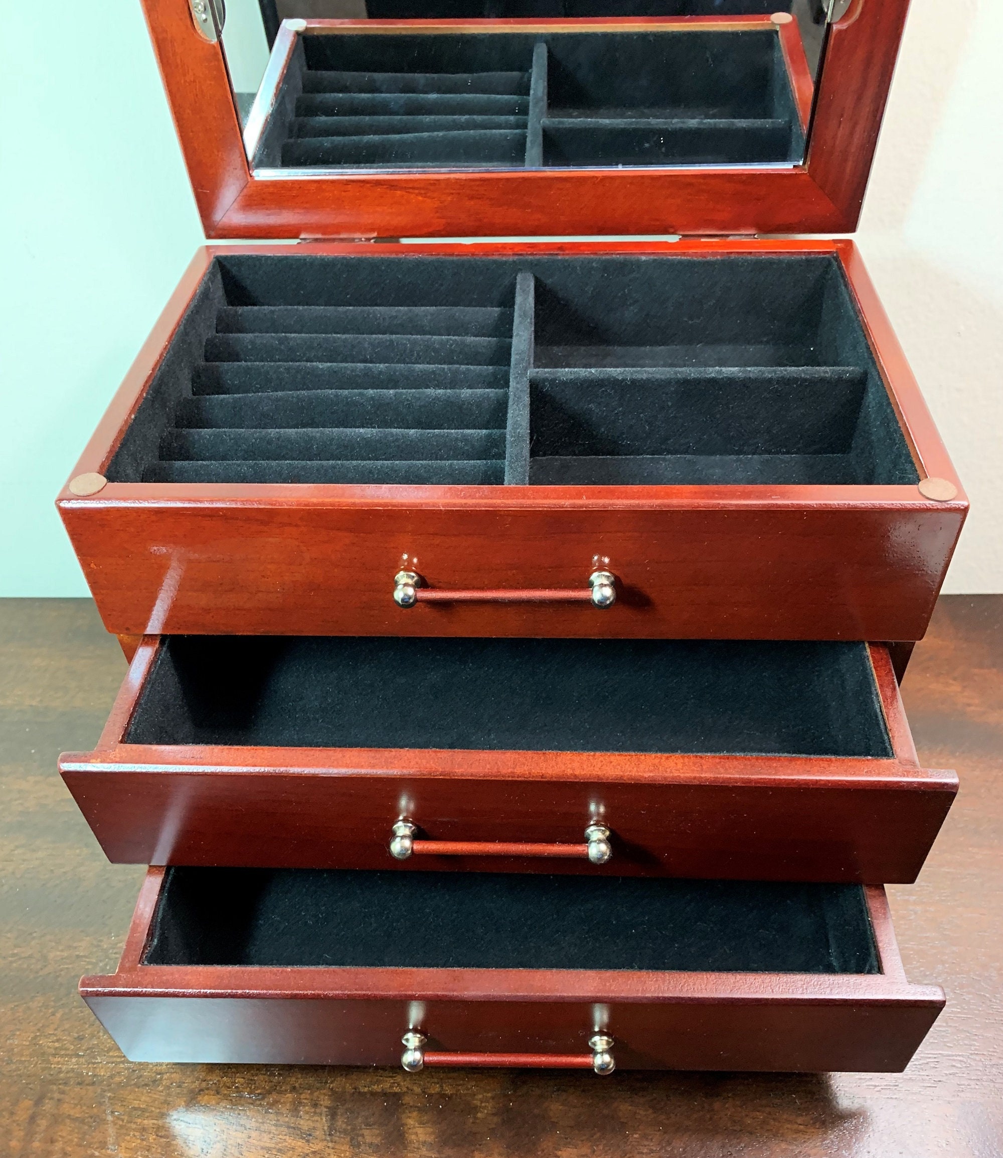 Vintage Solid Wood Jewelry Box Storage, Glass Window Lid