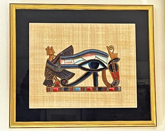 Vintage Egyptian Papyrus Painting of The Eye Of Horus, Custom Framed 22X18.5". King Tutankhamun Collection, Signed. Free US Shipping.