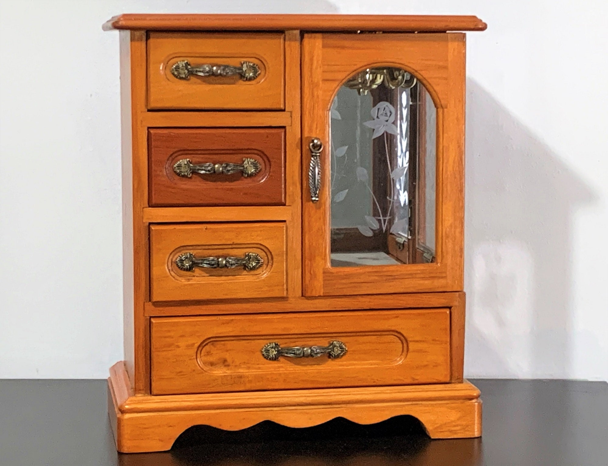 Golden Oak Wood Jewelry Box Chest Double Glass Door, Hangers