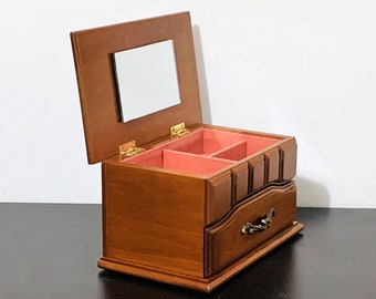 Vintage Musical Wood Jewelry Box. Tune "Love Me Tender" Japan, Hinged Lid W/Mirror, Drawer. 8" W. 4.5" H. Restored. Free US Shipping.