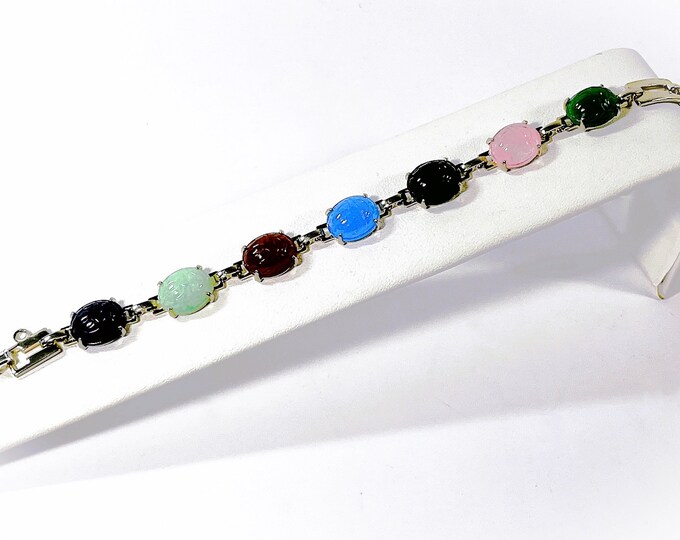 VTG Sterling & 600 Silver Egyptian Scarab Bracelet. England, 7 Gemstones Scarabs 12X10mm, 14 Grams, 7" L. Safety Box Clasp, Free US Shipping