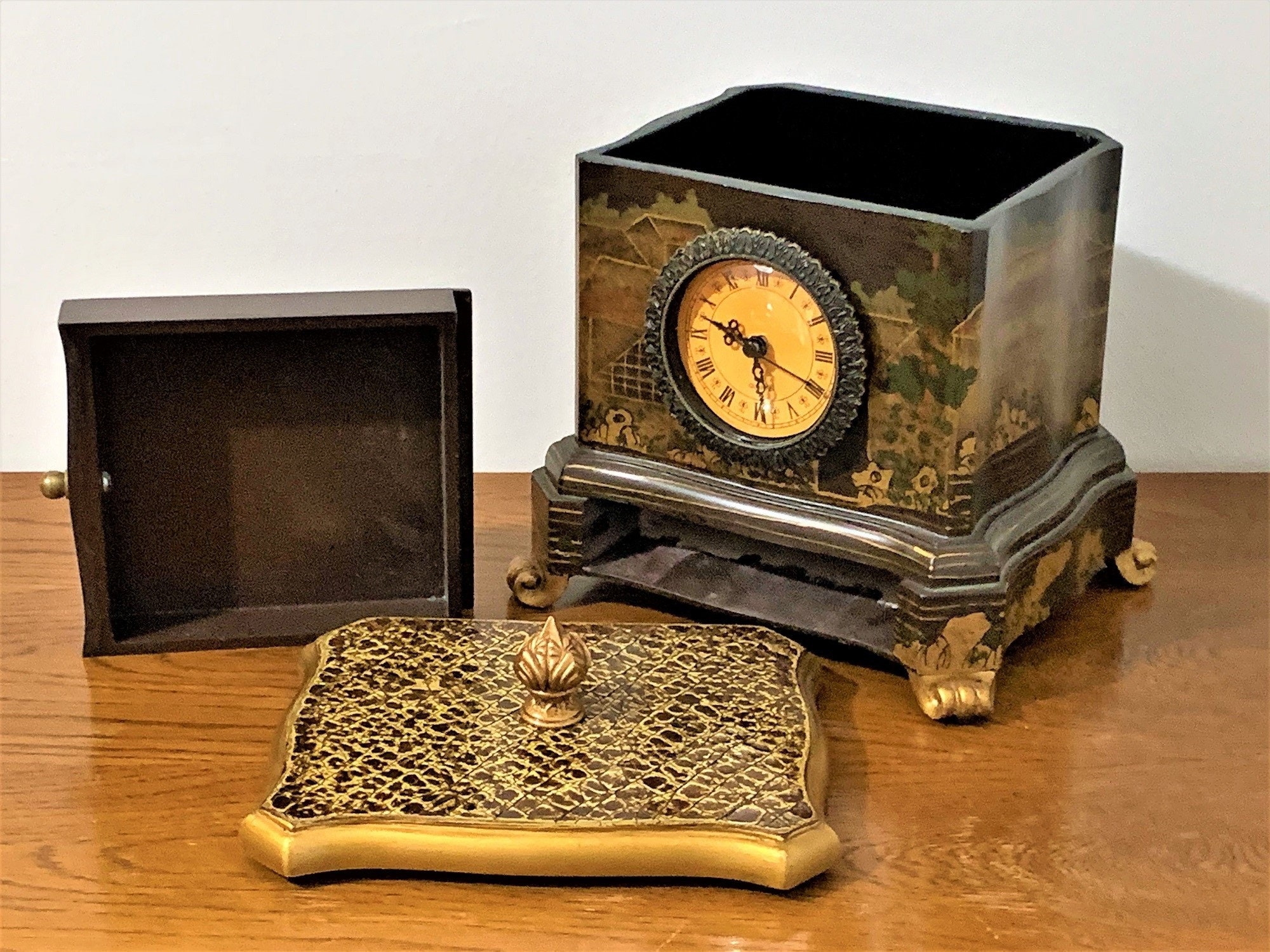 Vintage Large Decorated Wood Clock Trinket Storage Box, Removable Lid W