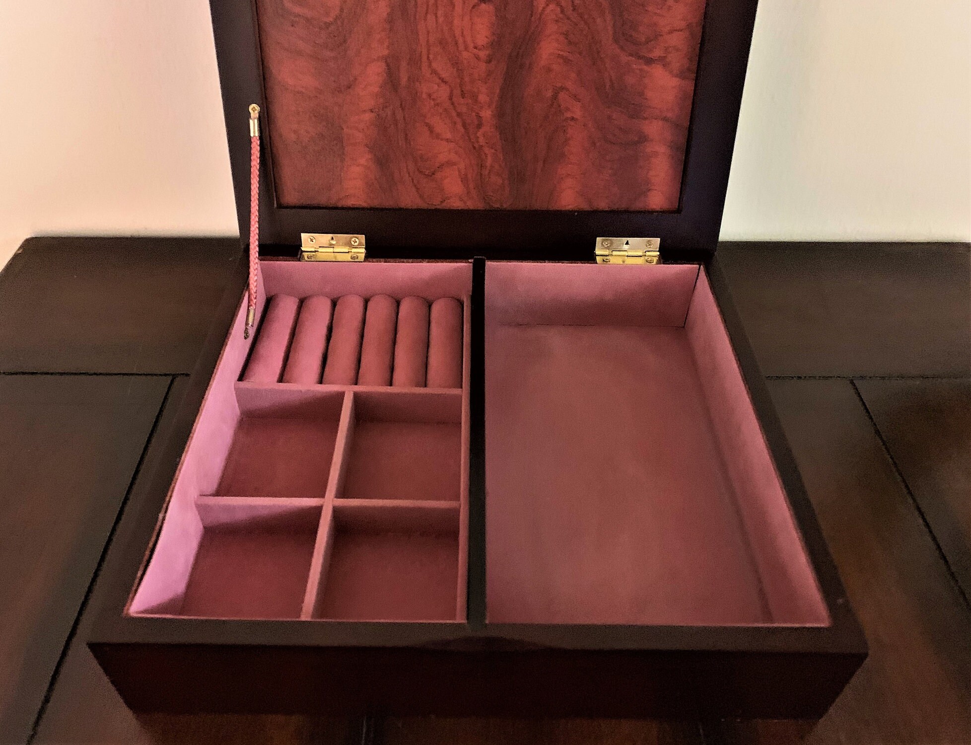 Vintage Solid Wood Jewelry Box,Hand Crafted, Padded Compartments, Cut