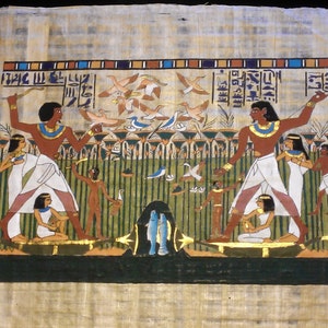Vintage Egyptian Hand Painted Papyrus Depicts &quot;Family Life Scene In Ancient Egypt&quot;, 17 x 13&quot;, 42 x 33 cm. Free US Shipping.