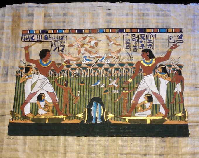 Vintage Egyptian Hand Painted Papyrus Depicts "Family Life Scene In Ancient Egypt", 17 x 13", 42 x 33 cm. Free US Shipping.