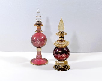 Vintage Set of Two Egyptian Hand Made - Blown Glass Perfume Bottles, Etched Patterns, Gold Leaf Accents, 6.5" & 6" T. Free US Shipping.