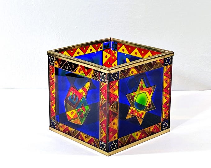 Vintage Judaica Colorful Stained Glass Box, Star of David on 2 Sides & Dreidel on the others. 4" Square, Good Condition, Free US Shipping.