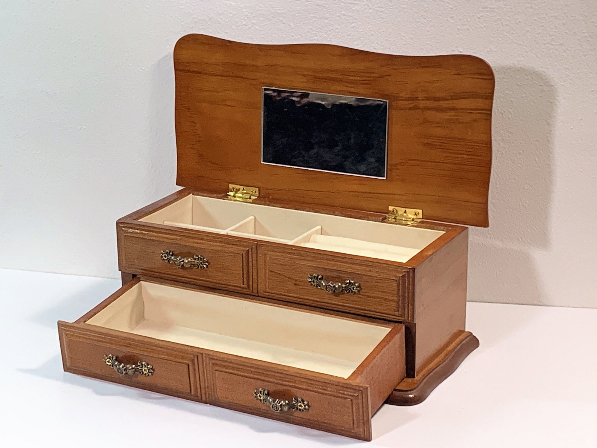 Vintage Solid Wood Jewelry Box Chest, Hinged Top W/ Mirror, Padded