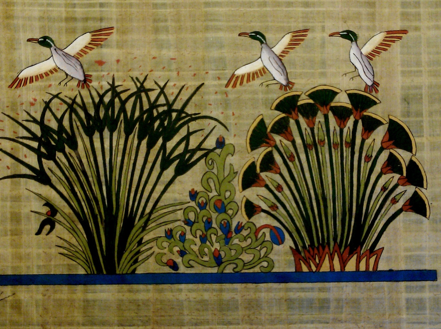 Vintage Hand Painted Egyptian Papyrus, The Lotus flower and The Papyrus