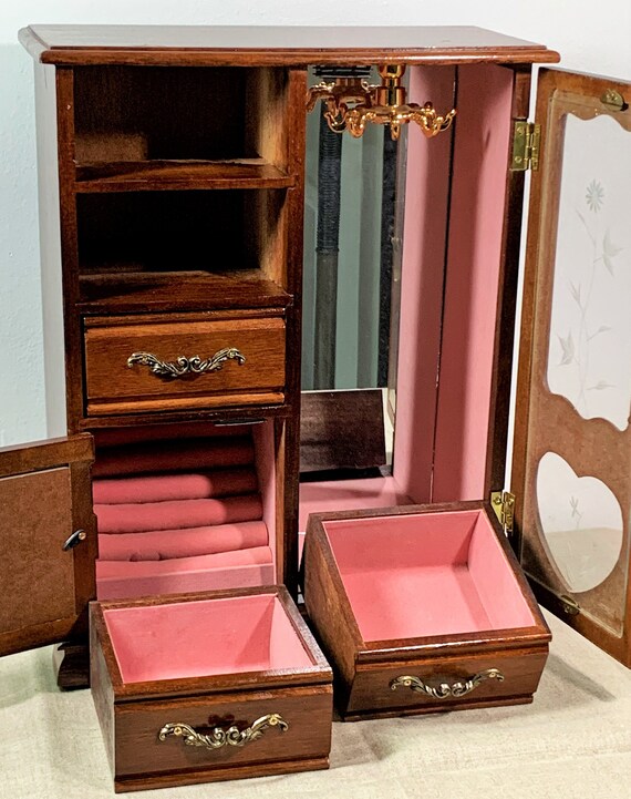 Vintage Wood Jewelry Box Red Velvet Vanity Mirror Trinket Necklace Bracelet Ring Brooch Pin Sliding Doors Wardrobe Cabinet Home Living Frames Displays Jewelry Trinket Necklace Bracelet Ring, Vanity Mirror Jewelry Box