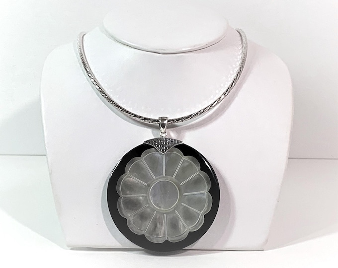 Sterling Silver Round Diamond Cut 18" Omega Necklace, Large 2.6" Black Onyx & Carved Mother of Pearl Slide. 42.7 Grams. Free US Shipping